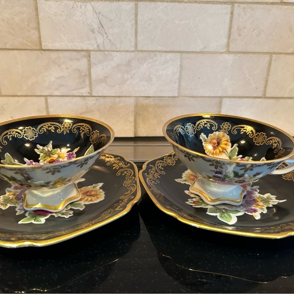 2x Vintage Mitterteich Black Gold Lace & Flowers Bavaria Germany Cup & Saucer - Picture 3 of 8